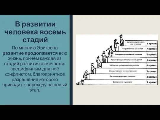 В развитии человека восемь стадий По мнению Эриксона развитие продолжается всю