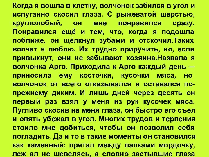 Когда я вошла в клетку, волчонок забился в угол и испуганно