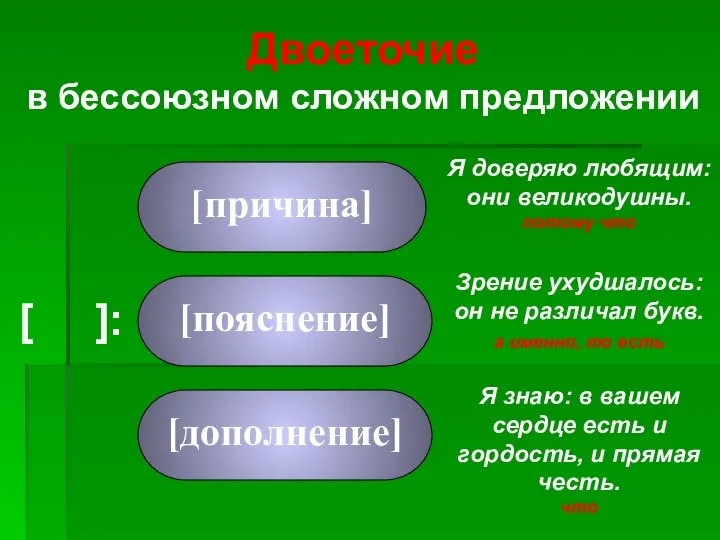 [ ]: [причина] [дополнение] Двоеточие в бессоюзном сложном предложении [пояснение] Я