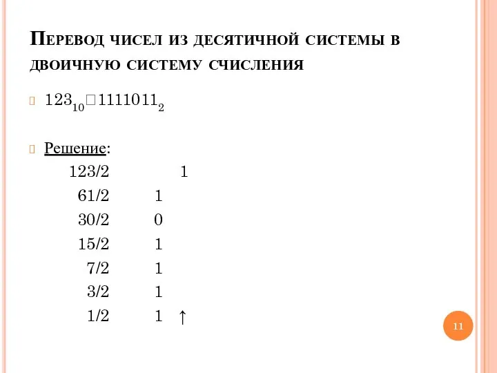 Перевод чисел из десятичной системы в двоичную систему счисления 12310?11110112 Решение: