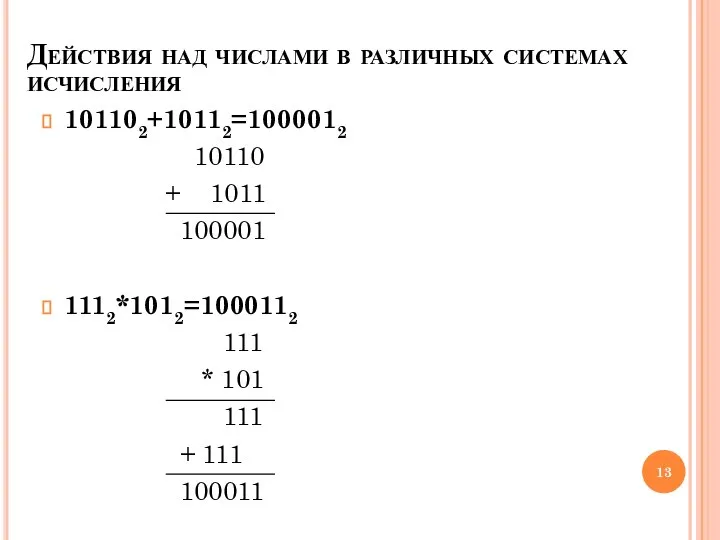 Действия над числами в различных системах исчисления 101102+10112=1000012 10110 + 1011