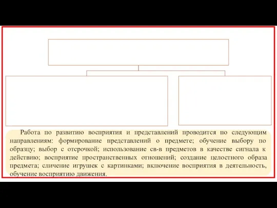 Работа по развитию восприятия и представлений проводится по следующим направлениям: формирование