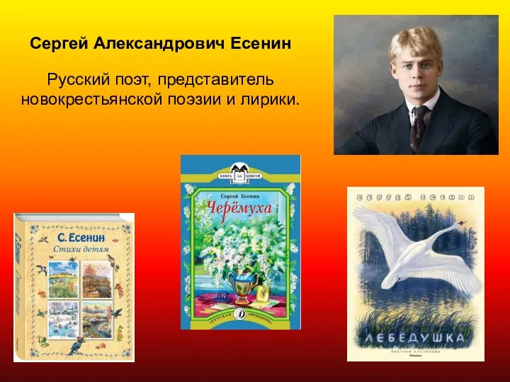 Сергей Александрович Есенин Русский поэт, представитель новокрестьянской поэзии и лирики.