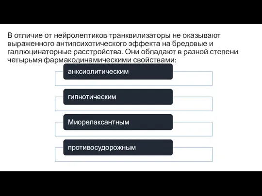 В отличие от нейролептиков транквилизаторы не оказывают выраженного антипсихотического эффекта на