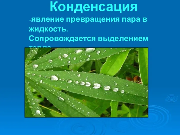 Конденсация -явление превращения пара в жидкость. Сопровождается выделением тепла