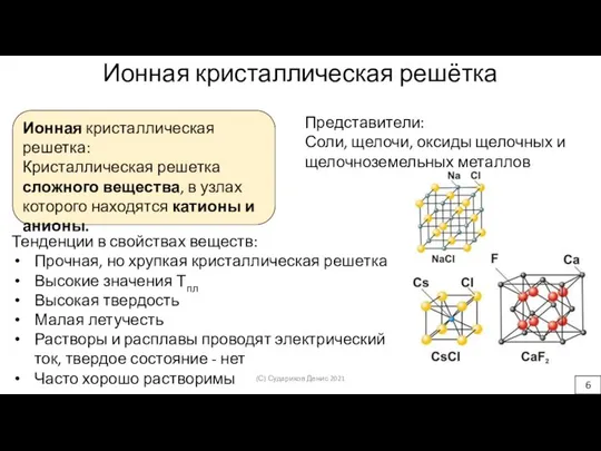 Ионная кристаллическая решётка Ионная кристаллическая решетка: Кристаллическая решетка сложного вещества, в