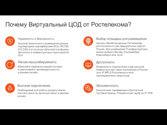 Почему Виртуальный ЦОД от Ростелекома? Надежность и безопасность Высокая безопасность размещения