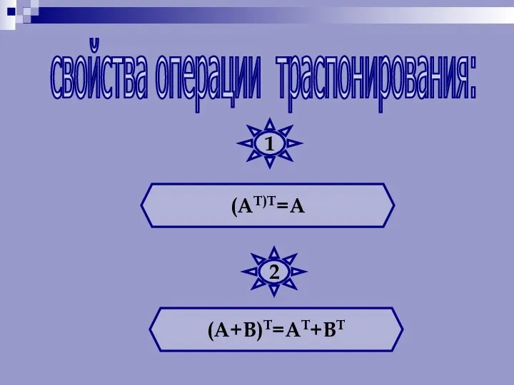 (АТ)Т=А (А+В)Т=АТ+ВТ свойства операции траспонирования: 1 2