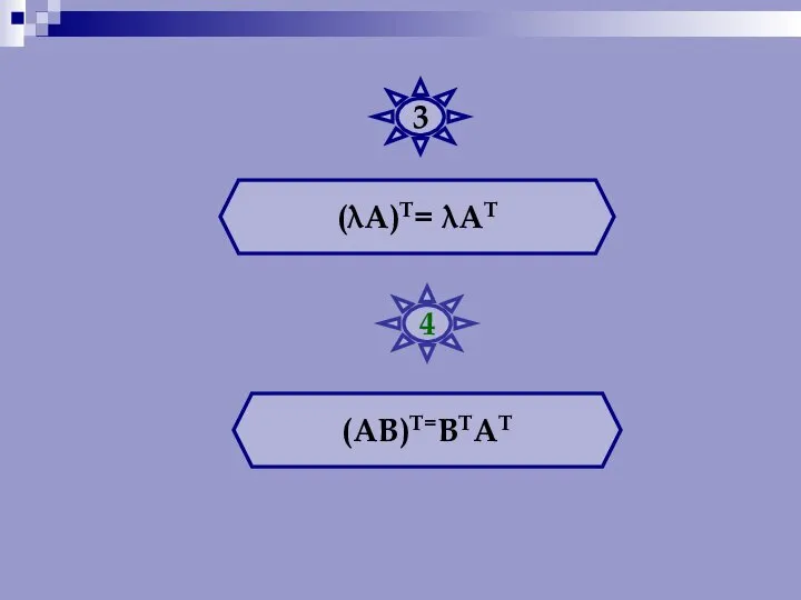 (λА)Т= λАТ (АВ)Т=ВТАТ 3 4