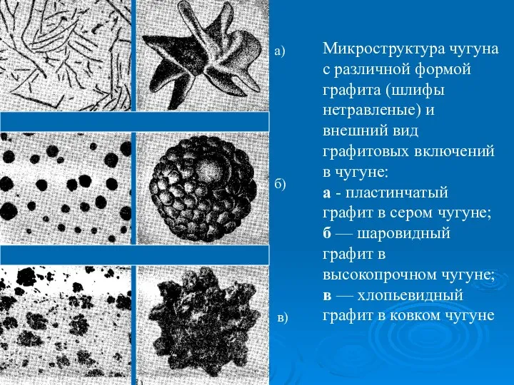 Микроструктура чугуна с различной формой графита (шлифы нетравленые) и внешний вид