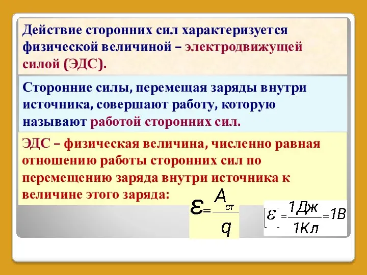 Действие сторонних сил характеризуется физической величиной – электродвижущей силой (ЭДС). ЭДС