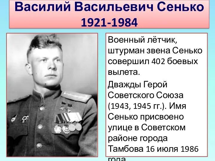 Василий Васильевич Сенько 1921-1984 Военный лётчик, штурман звена Сенько совершил 402