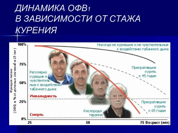 ДИНАМИКА ОФВ1 В ЗАВИСИМОСТИ ОТ СТАЖА КУРЕНИЯ