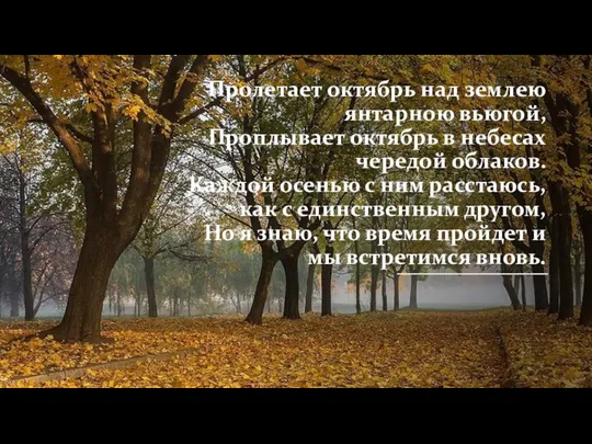 Пролетает октябрь над землею янтарною вьюгой, Проплывает октябрь в небесах чередой