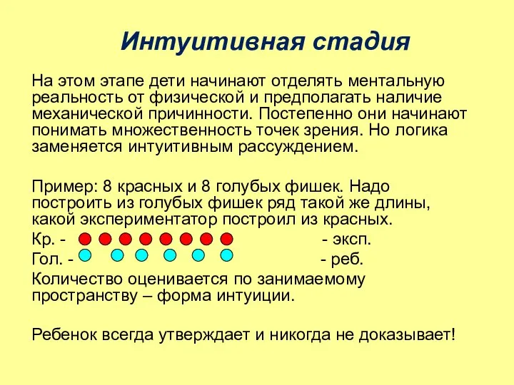 Интуитивная стадия На этом этапе дети начинают отделять ментальную реальность от