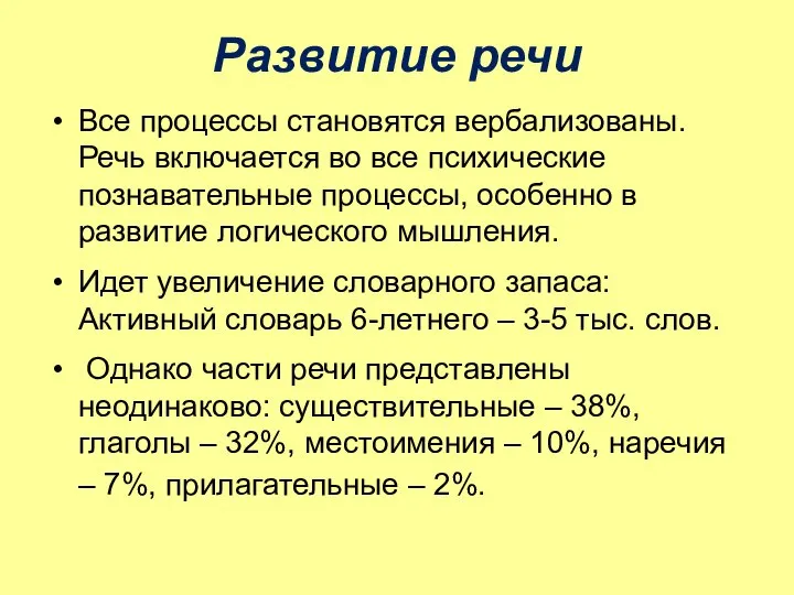 Развитие речи Все процессы становятся вербализованы. Речь включается во все психические