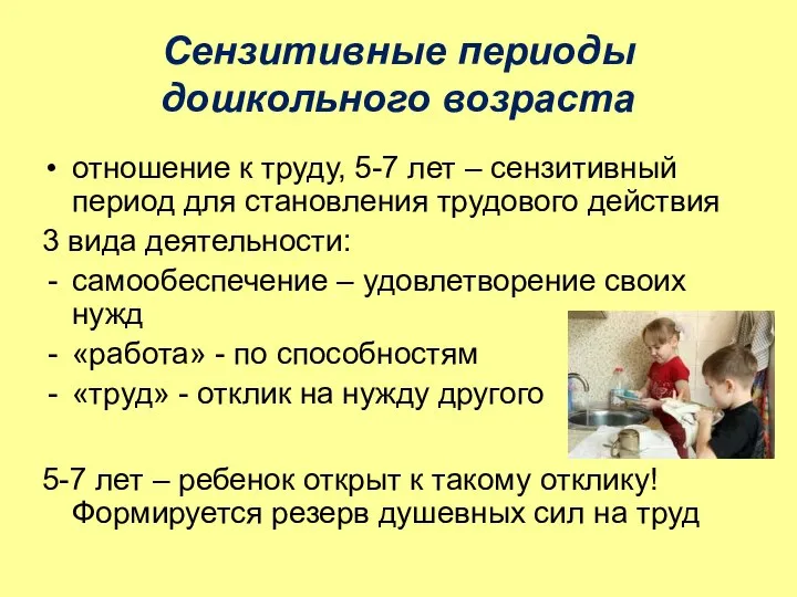 Сензитивные периоды дошкольного возраста отношение к труду, 5-7 лет – сензитивный