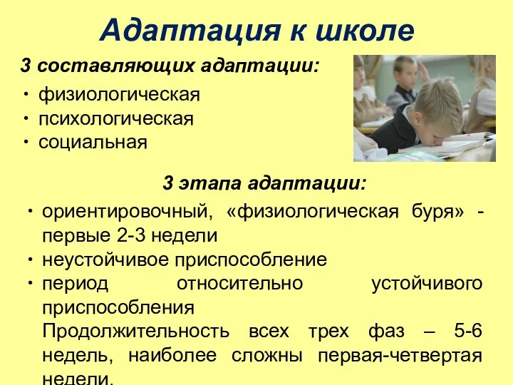 Адаптация к школе 3 составляющих адаптации: физиологическая психологическая cоциальная 3 этапа