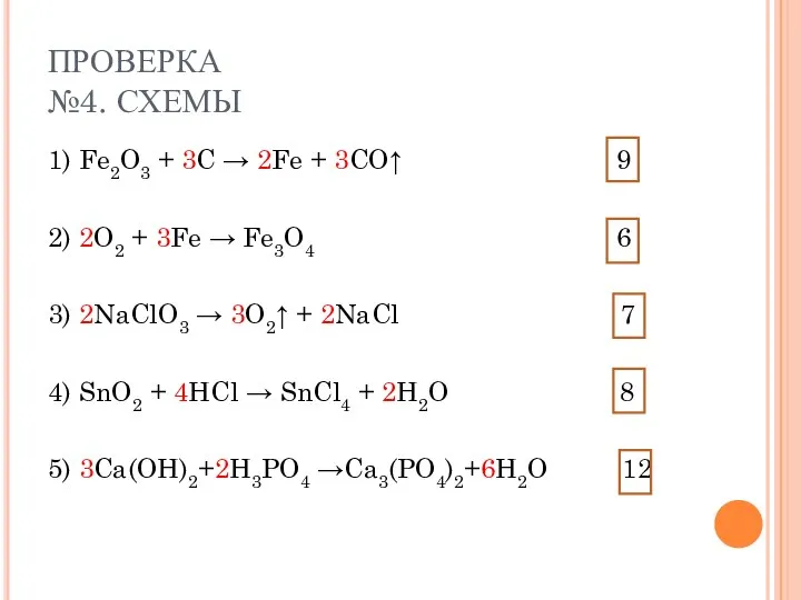 ПРОВЕРКА №4. СХЕМЫ 1) Fe2O3 + 3C → 2Fe + 3CO↑