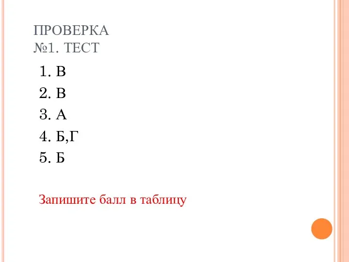 ПРОВЕРКА №1. ТЕСТ 1. В 2. В 3. А 4. Б,Г