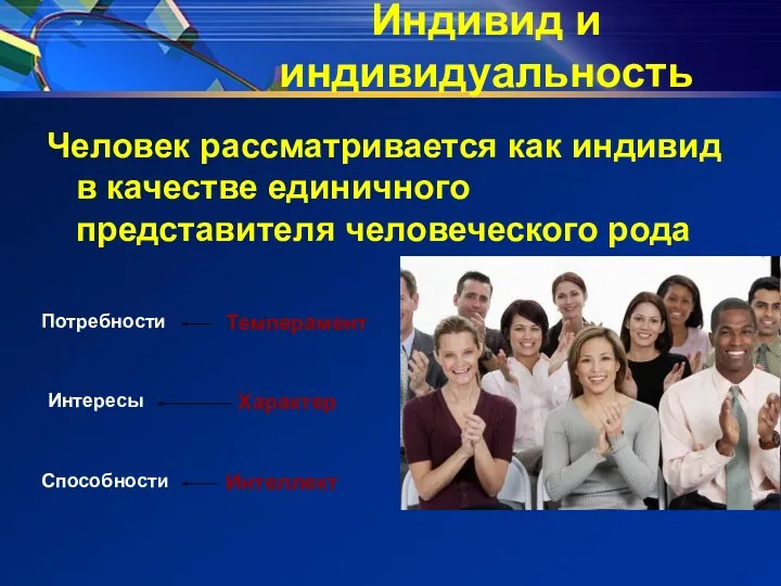 Индивид и индивидуальность Человек рассматривается как индивид в качестве единичного представителя