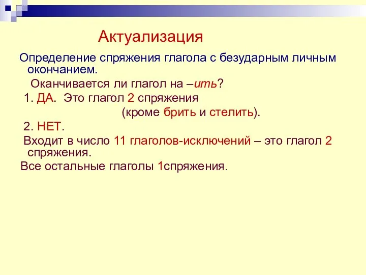 Актуализация Определение спряжения глагола с безударным личным окончанием. Оканчивается ли глагол