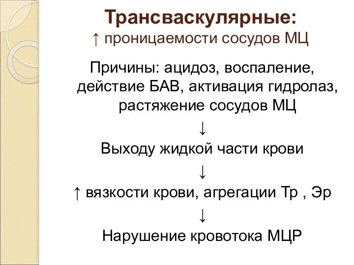 Трансваскулярные: ↑ проницаемости сосудов МЦ Причины: ацидоз, воспаление, действие БАВ, активация