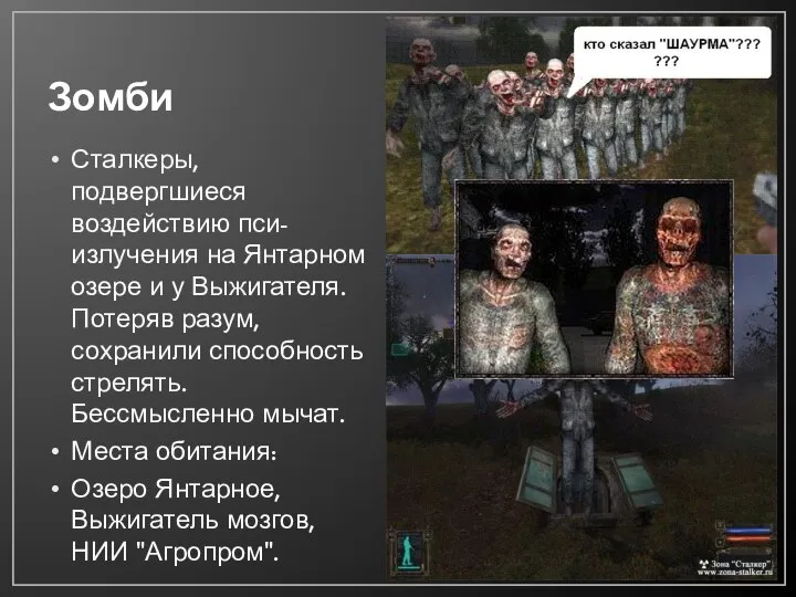 Зомби Сталкеры, подвергшиеся воздействию пси-излучения на Янтарном озере и у Выжигателя.