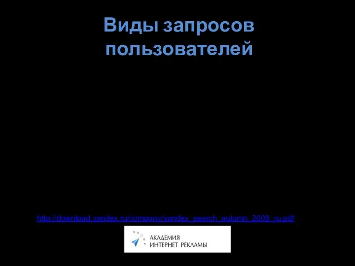 Виды запросов пользователей Информационные запросы - Тип запросов, когда пользователь хочет