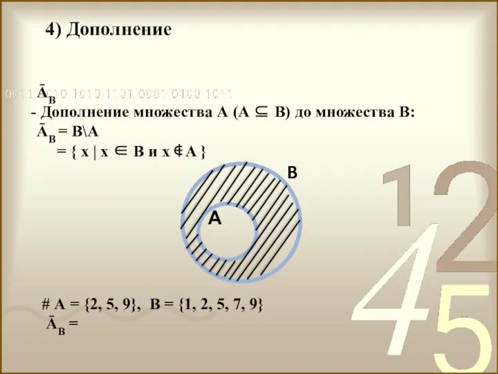 ĀВ Дополнение множества А (А ⊆ В) до множества В: ĀВ