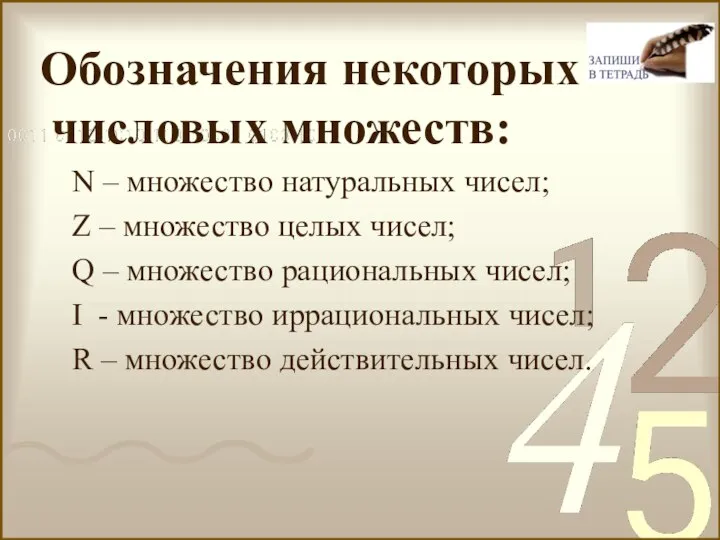 Обозначения некоторых числовых множеств: N – множество натуральных чисел; Z –