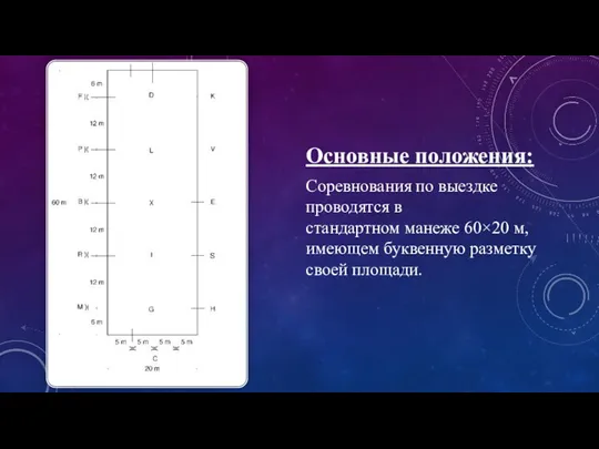 Соревнования по выездке проводятся в стандартном манеже 60×20 м, имеющем буквенную разметку своей площади. Основные положения: