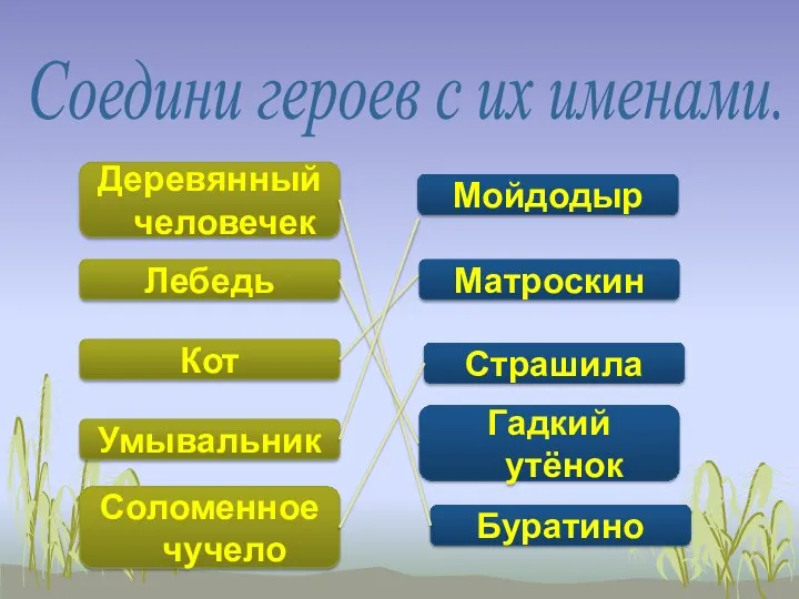 Деревянный человечек Лебедь Кот Умывальник Соломенное чучело Страшила Матроскин Буратино Гадкий