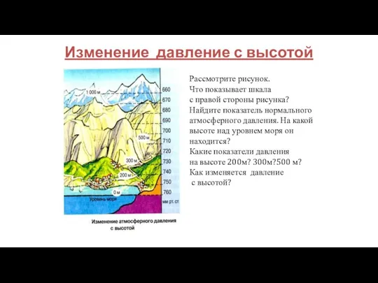 Изменение давление с высотой Рассмотрите рисунок. Что показывает шкала с правой