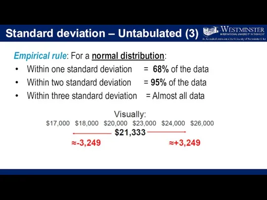 Standard deviation – Untabulated (3) Empirical rule: For a normal distribution: