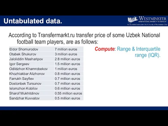 Untabulated data. According to Transfermarkt.ru transfer price of some Uzbek National