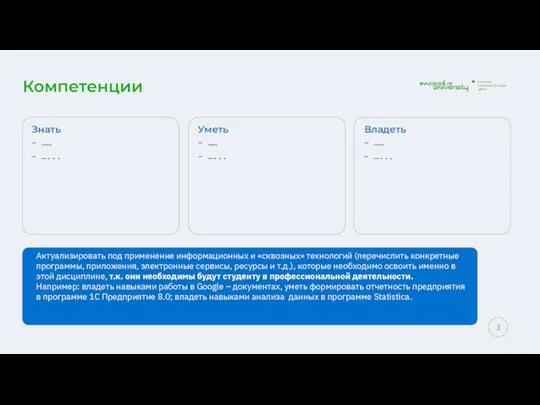 Компетенции Знать …… …... Актуализировать под применение информационных и «сквозных» технологий