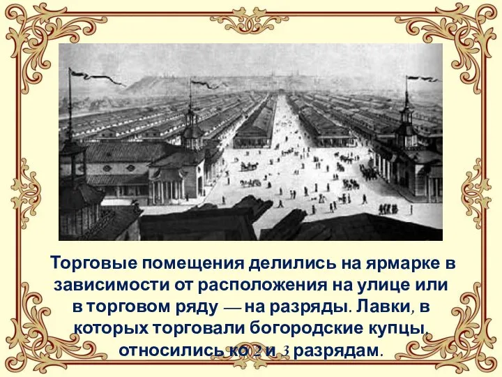 Торговые помещения делились на ярмарке в зависимости от расположения на улице