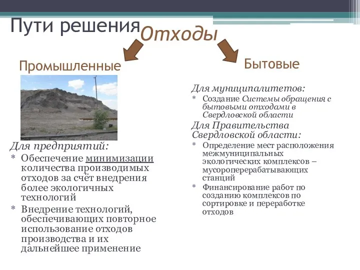 Пути решения Отходы Промышленные Бытовые Для предприятий: Обеспечение минимизации количества производимых