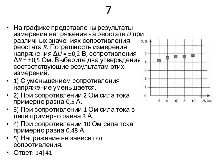 7 На графике представлены результаты измерения напряжения на реостате U при