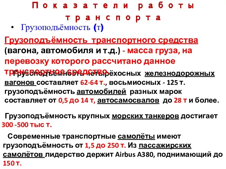 Показатели работы транспорта Грузоподъёмность (т) Грузоподъёмность четырёхосных железнодорожных вагонов составляет 62-64