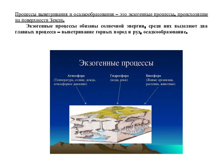 Процессы выветривания и осадкообразования – это экзогенные процессы, происходящие на поверхности