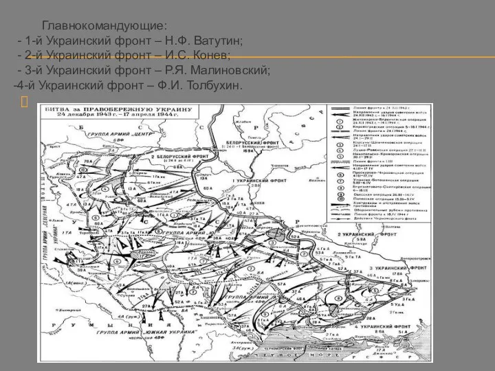 Главнокомандующие: - 1-й Украинский фронт – Н.Ф. Ватутин; - 2-й Украинский