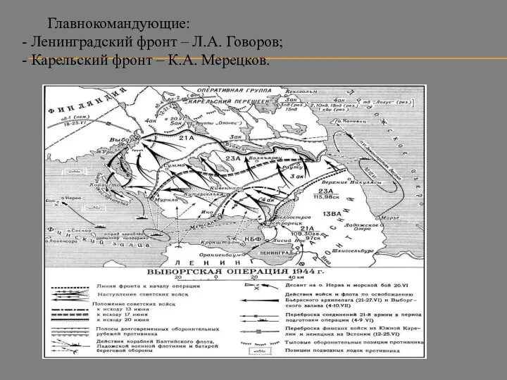 Главнокомандующие: - Ленинградский фронт – Л.А. Говоров; - Карельский фронт – К.А. Мерецков.