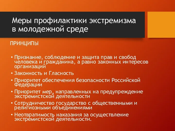 Меры профилактики экстремизма в молодежной среде ПРИНЦИПЫ Признание, соблюдение и защита