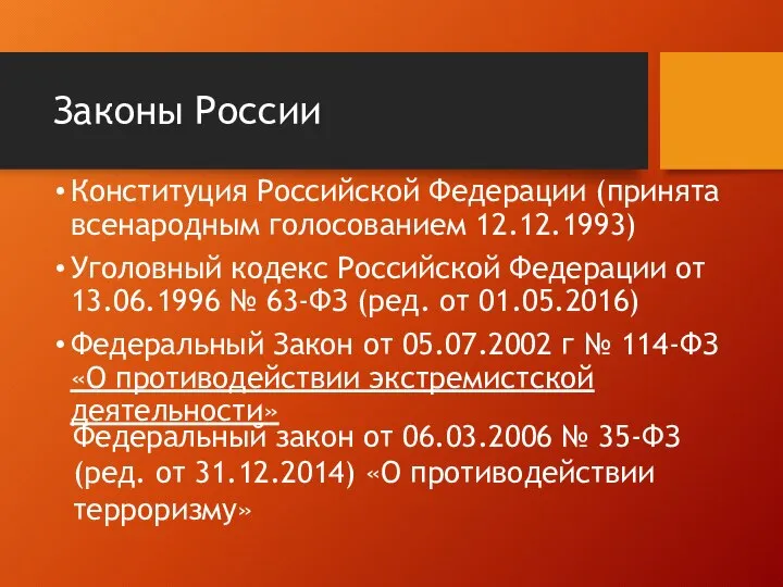 Законы России Федеральный закон от 06.03.2006 № 35-ФЗ (ред. от 31.12.2014)