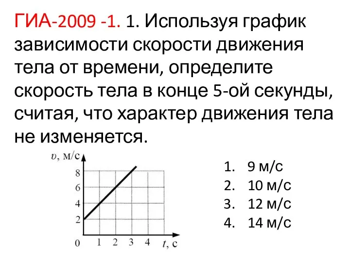 ГИА-2009 -1. 1. Используя график зависимости скорости движения тела от времени,