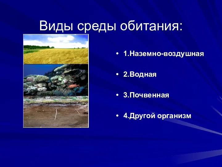 Виды среды обитания: 1.Наземно-воздушная 2.Водная 3.Почвенная 4.Другой организм