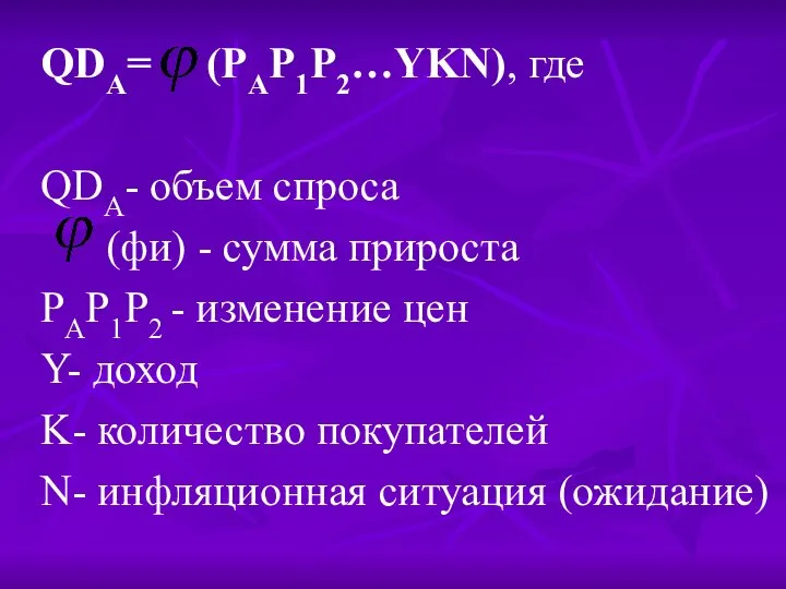 QDA= (PAP1P2…YKN), где QDA- объем спроса (фи) - сумма прироста PAP1P2