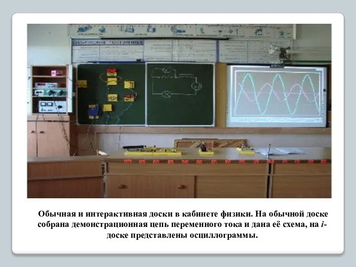 Обычная и интерактивная доски в кабинете физики. На обычной доске собрана